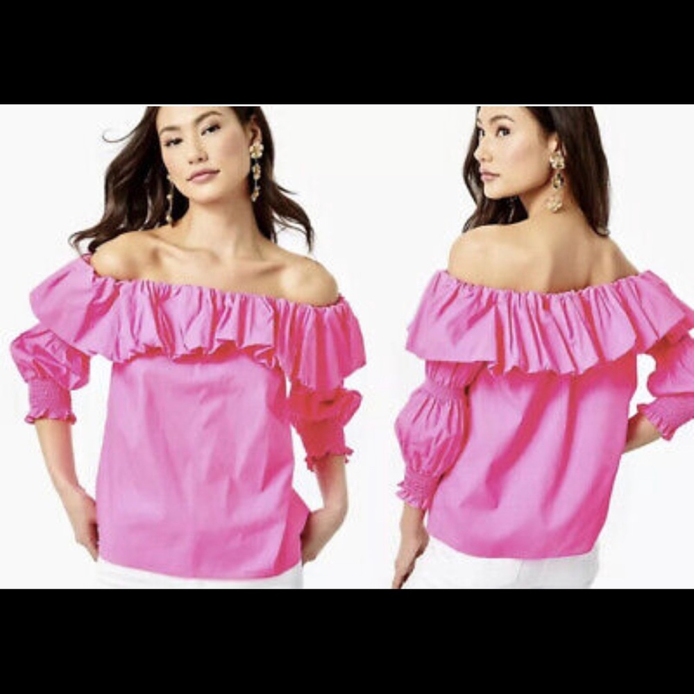 Lilly Pulitzer Bright Pink Off-Shoulder Ruffle Blouse